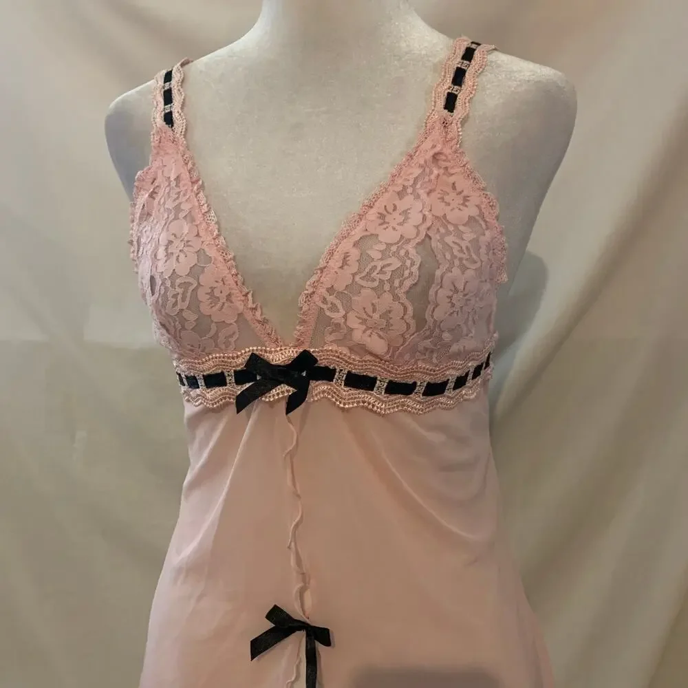 Vintage Oh La La Cheri Pink Mesh Babydoll Chemise Black Lace Bow Coquette M